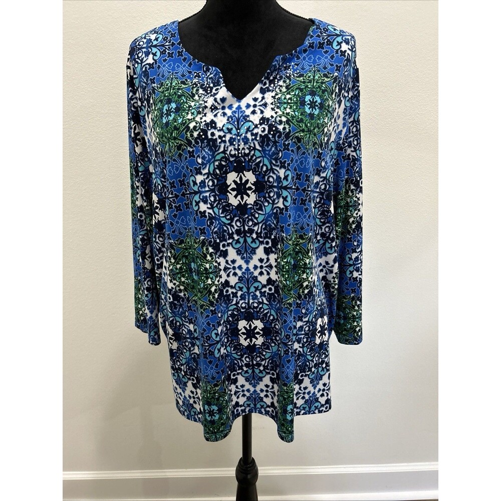 Allison Daley Womens Plus 2X Top Split V Neck Rhinestone 3/4 Sleeves Pullover